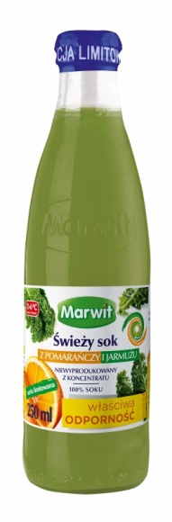 Jeszcze tylko przez miesiąc kupisz Marwit zawierający superfood - jarmuż! LIFESTYLE, Żywienie - Świeży sok Marwit z pomarańczy i jarmużu dostępny będzie w serii limitowanej tylko do połowy stycznia. Warto się pospieszyć, bo dzięki zawartości tego jakże modnego warzywa i uznanego na całym świecie superfood, to prawdziwa bomba witamin oraz innych, pożądanych składników.