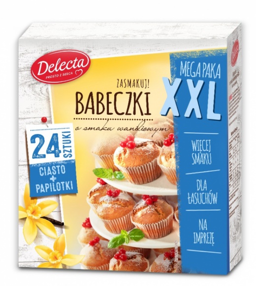 Babeczki XXL Delecta dla wielkich łasuchów LIFESTYLE, Żywienie - Delecta wprowadza do oferty waniliowe Babeczki XXL – megapakę 24 babeczek do domowego wypieku. To pierwsza na rynku tak duża porcja babeczek, która stanowi idealne rozwiązanie na rodzinną imprezę, urodzinowe przyjęcie czy świąteczny podwieczorek.