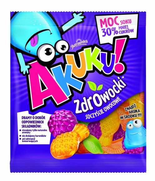NOWOŚĆ: Akuku! ZdrOwocki owocują zaskoczeniem LIFESTYLE, Żywienie - Do oferty żelków Akuku! dołączyła soczyście owocowa nowość. Akuku! ZdrOwocki to żelki w sześciu owocowych kształtach i smakach, podkreślonych 20% zawartością soku, oraz z obniżoną zawartością cukrów. Produkt jest doskonale widoczny na półce dzięki postaci niebieskiego AKUKa.