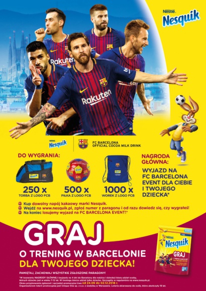 Nesquik łączy siły z FC Barcelona! LIFESTYLE, Żywienie - Już 24 września startuje wielka loteria marki NESQUIK mająca na celu dbanie o rozwój dzieci i zwiększanie ich potencjału dzięki odpowiedniemu odżywianiu oraz zachęcaniu do aktywnej zabawy. W akcji promocyjnej marka podjęła współprace z klubem FC Barcelona.