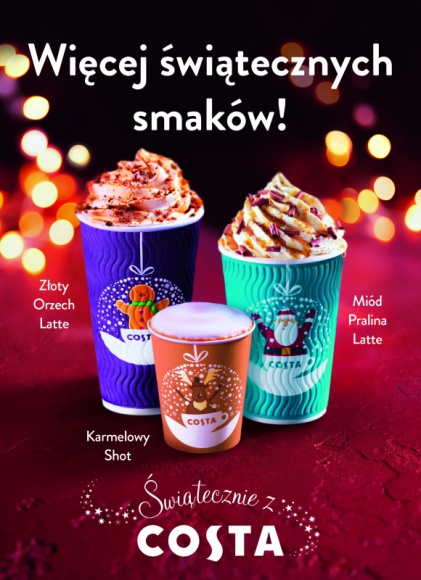 Costa Coffee spełnia życzenia o rozgrzewających Świętach LIFESTYLE, Żywienie - Nowe Świąteczne Menu Costa Coffee to propozycja trzech nowych kaw: Piernikowa Light, Latte Złoty Orzech i Miód Pralina Latte. Ponadto świąteczna oferta została rozszerzona o napoje niekawowe: Czekoladowy lub Karmelowy Shot czy herbatę Cydrowy Czar.