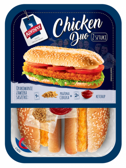 Chicken Duo – duet z kurczakiem zjesz zawsze ze smakiem LIFESTYLE, Żywienie - Firma Konspol odświeżyła opakowanie kanapki Chicken Duo, czyli pysznego duetu bułki z kurczakiem. Produkt błyskawicznie pomaga zapomnieć o głodzie. Produkt dedykowany jest ludziom młodym i aktywnym, którzy ciągle żyją w biegu, a smaczną przekąskę chcą mieć zawsze przy sobie.