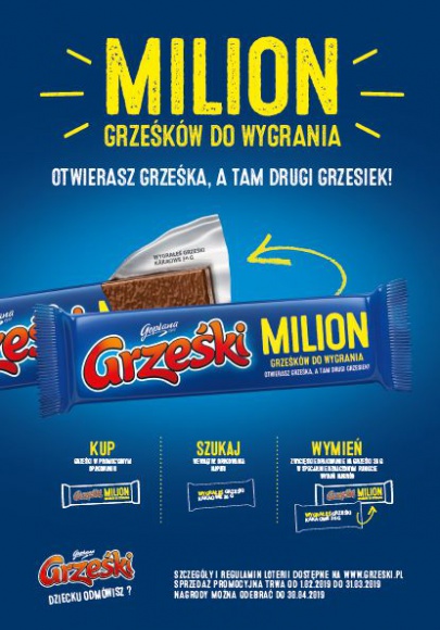 Rusza loteria „Milion Grześków do wygrania” LIFESTYLE, Żywienie - Od lutego do końca marca potrwa loteria „Milion Grześków do wygrania”. Każdy, kto w promocyjnym opakowaniu wafelków Grześki znajdzie hasło „Wygrałeś Grześki kakaowe 36 g”, otrzyma taki sam wafelek gratis. W puli produktów do rozdania znalazł się okrągły milion Grześków!