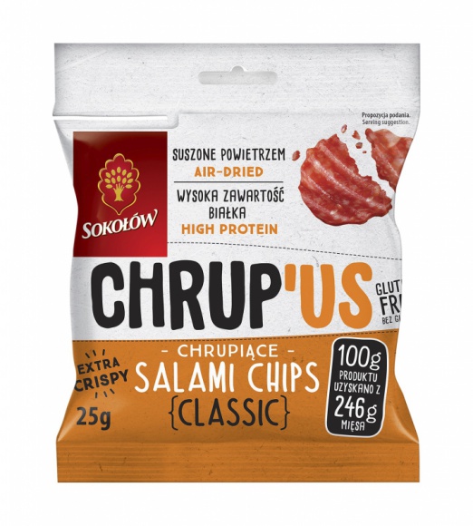 CHRUP’US – do chrupania dla całej rodziny LIFESTYLE, Żywienie - Wyjątkowo chrupkie, z wysoką zawartością mięsa i o pysznym smaku. Takie są Salami Chips – pierwszy produkt w nowej linii CHRUP’US firmy Sokołów. To jedyne na rynku suszone powietrzem plasterki salami.